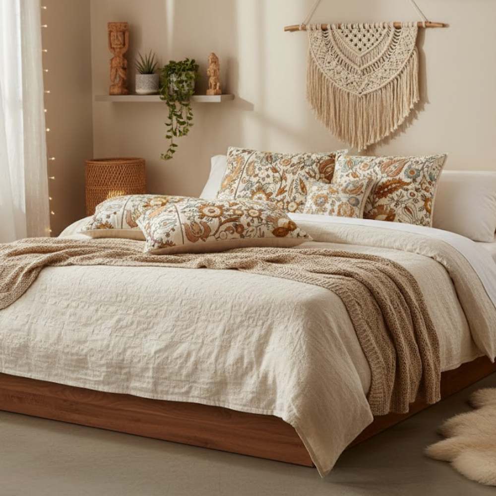 Fern Cotton Pillow Cover, Stylized Floral Embroidery